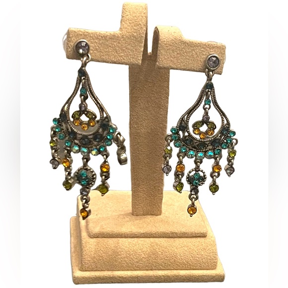 blue glass crystal fancy antiqued silver finish Kirks Folley dangle earrings - Picture 1 of 4